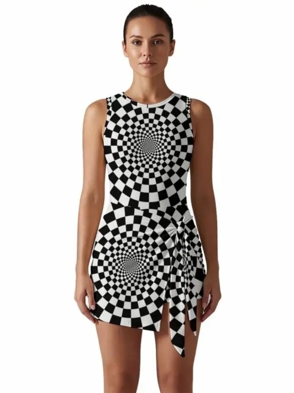 Sleeveless Black & White Optical-Print Tie-Waist Mini Dress